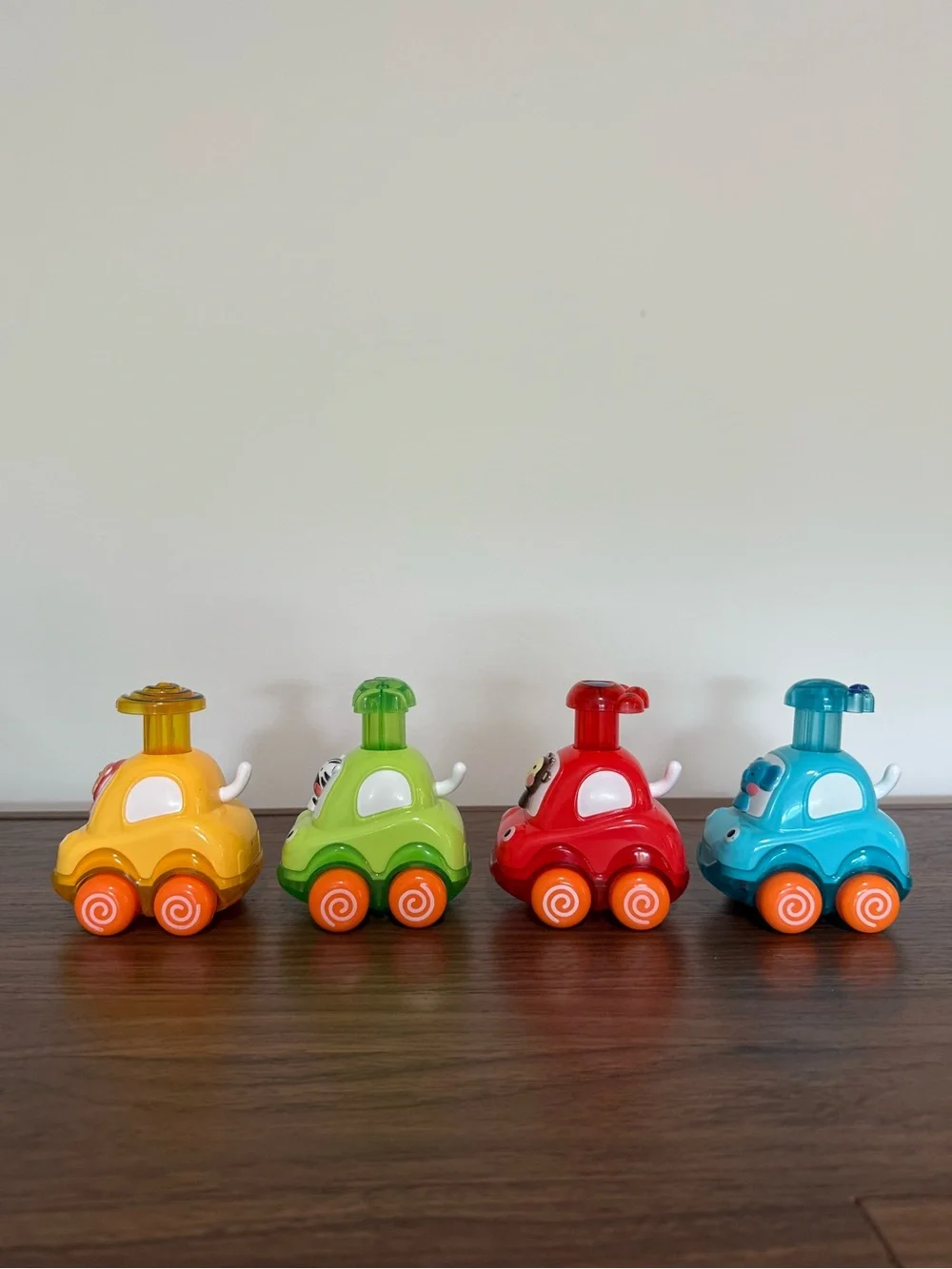 Set of 4 Push-Action Animal Racer Cars - Red, Yellow, Green, Blue